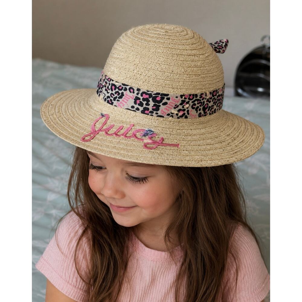 Juicy Couture Girls Straw Sun Hat Leopard Ribbon Wide Brim